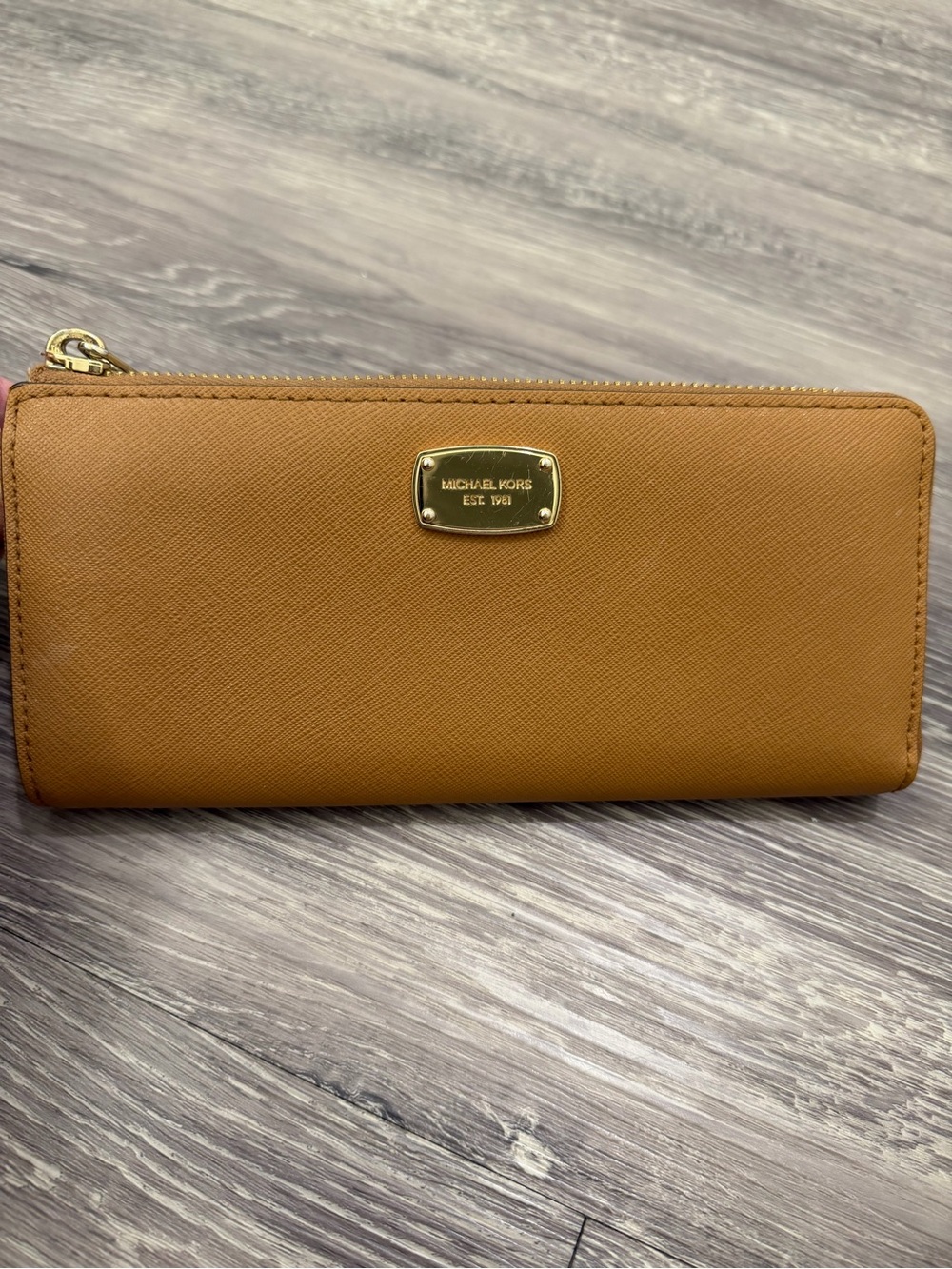 Michael Kors Caramel Saffiano Zip Around Wallet with Gold Plate